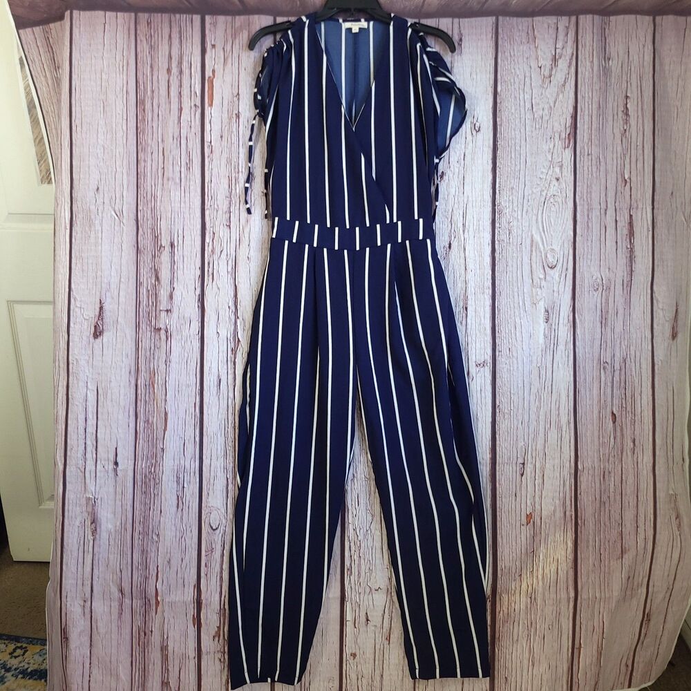 Rebellion Again Blue-white Vertical stripe wide leg jumpsuit Med Womens